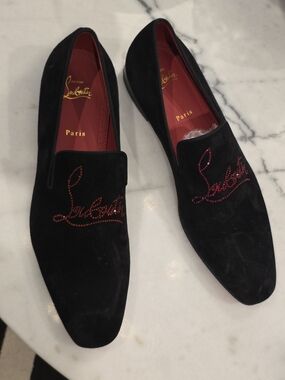 Christian Louboutin Men’s Black Suede Loafers with Red Crystal Logo